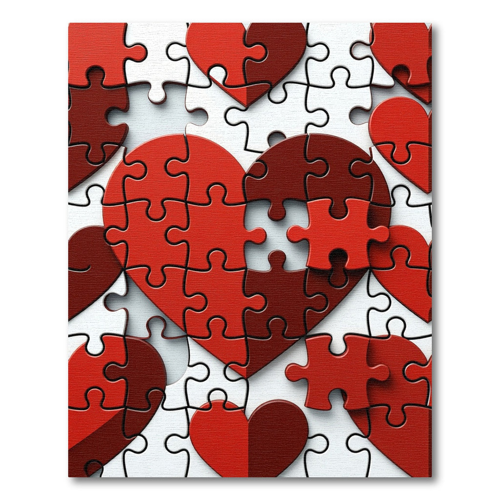 Crimson Heart Shaped Puzzle Collage Rug