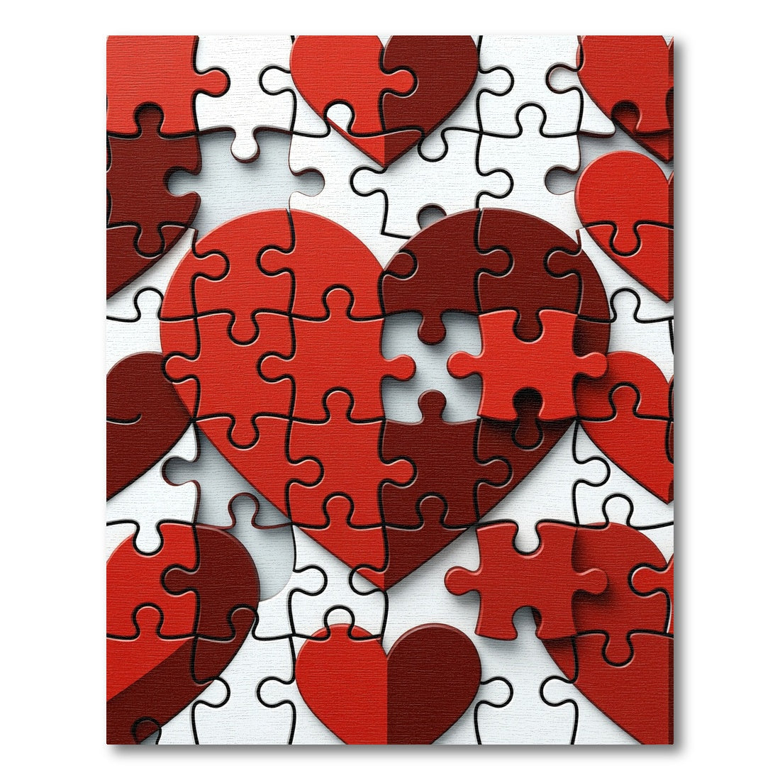 Crimson Heart Shaped Puzzle Collage Rug