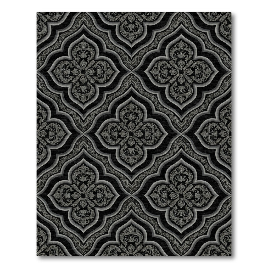 Ornate Gray quatrefoil Black background Rug