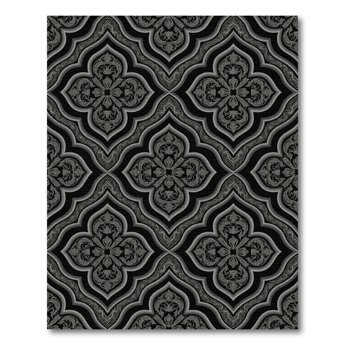 Ornate Gray quatrefoil Black background Rug