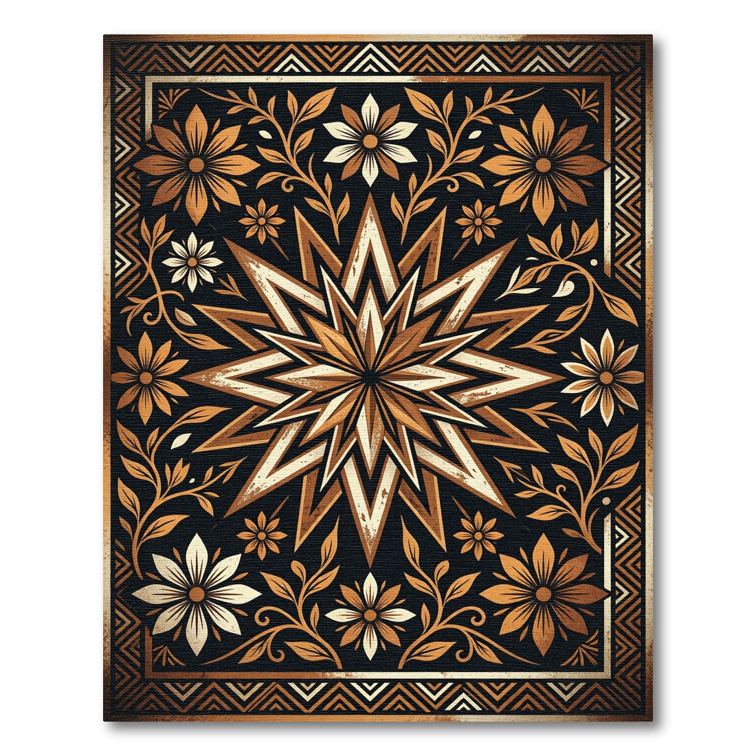 Antique Gold Star Floral Border Rug