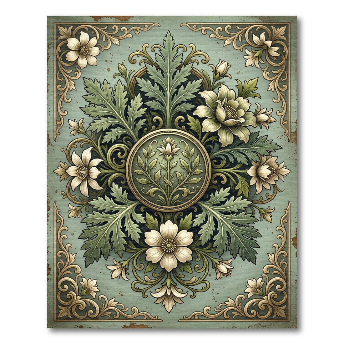 Elegant Sage Floral Damask Medallion Rug