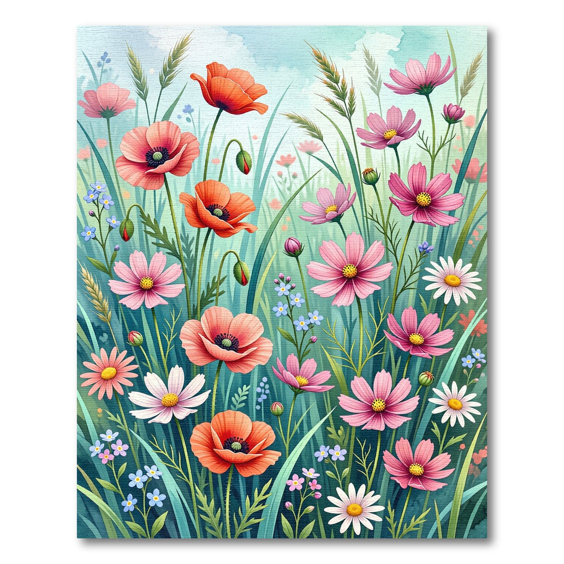 Watercolor Wildflower Meadow with Poppies Rug
