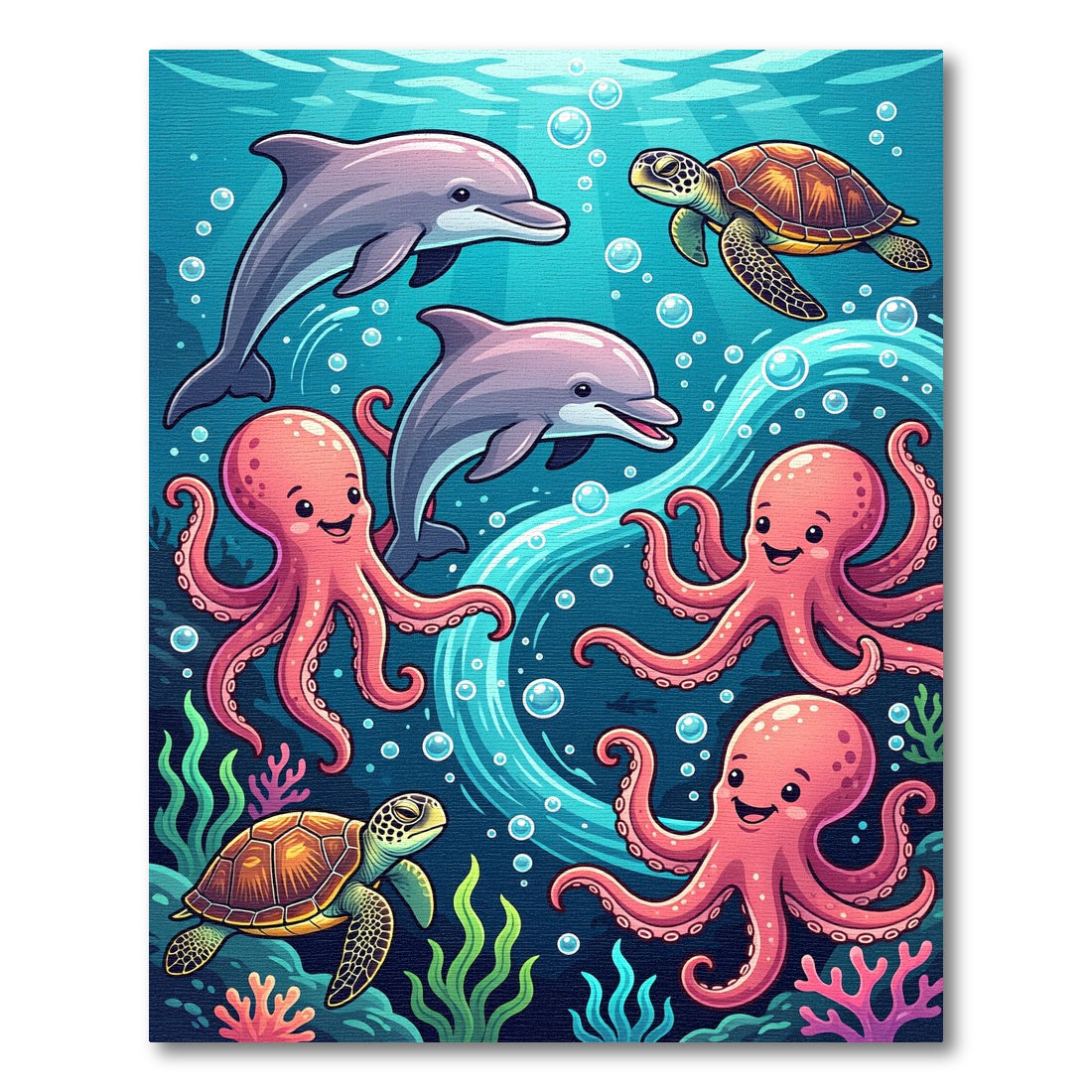 Playful Underwater Sea Life Ocean Scene Rug
