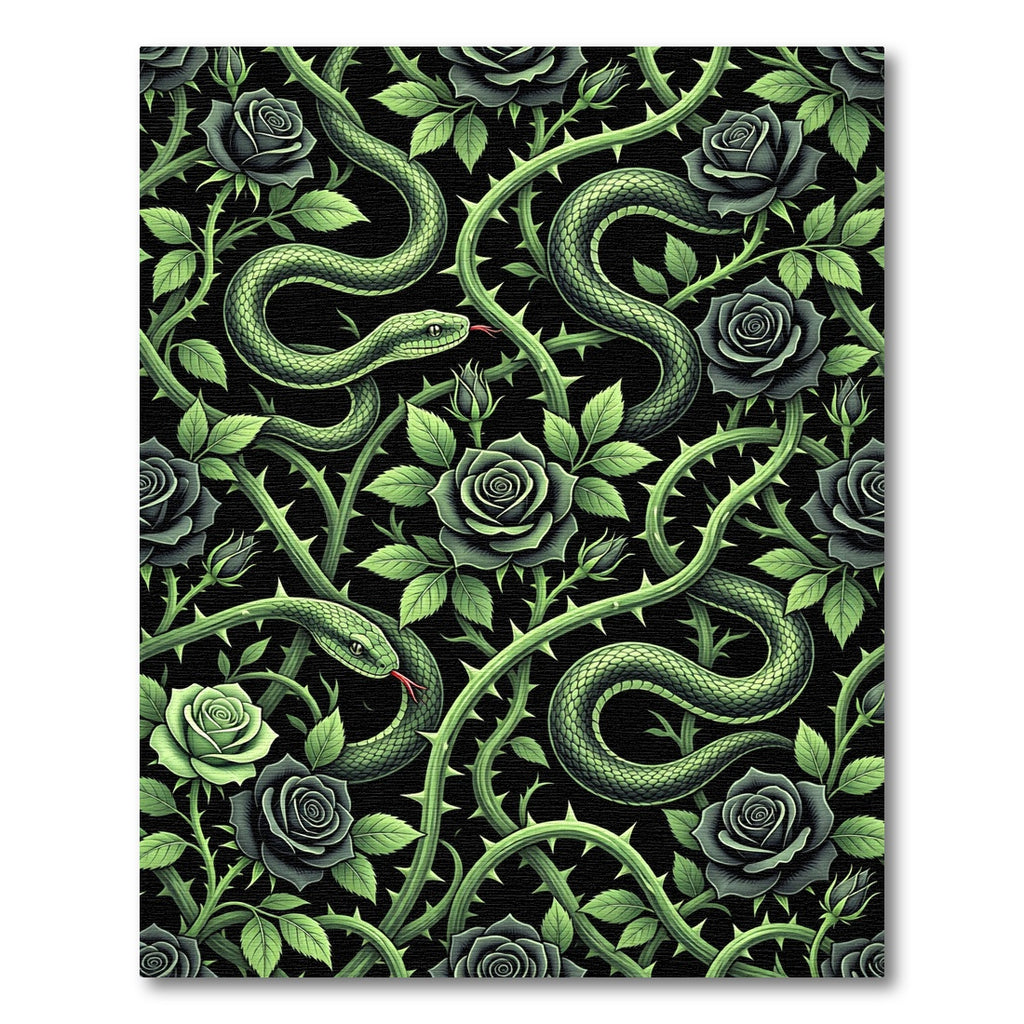 Dark Serpent and Rose Botanical Tapestry Rug