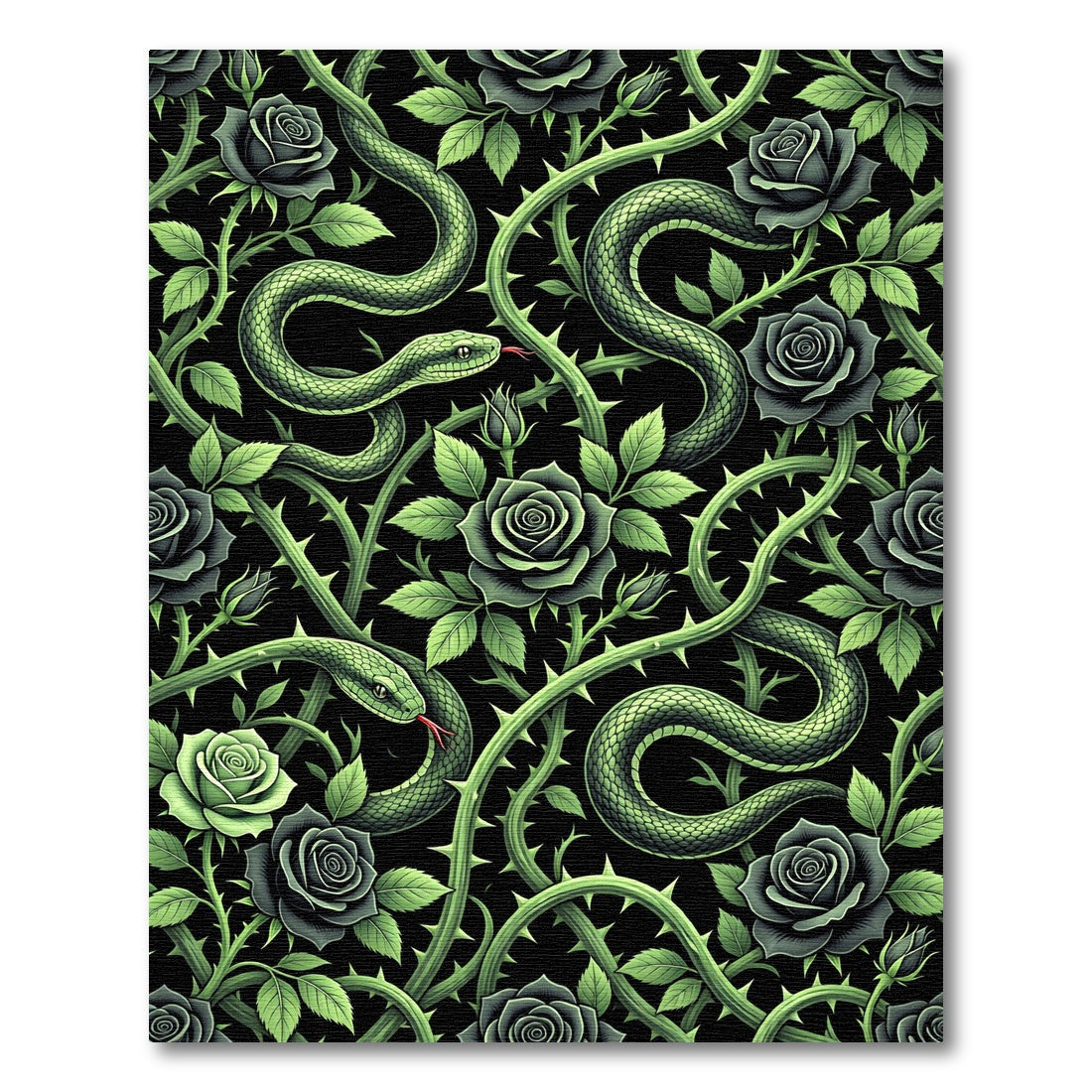Dark Serpent and Rose Botanical Tapestry Rug
