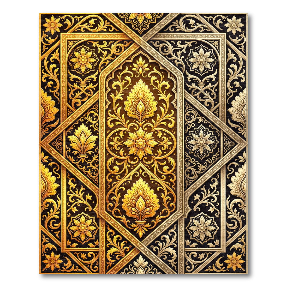 Ornate Golden Floral Damask Scroll Rug