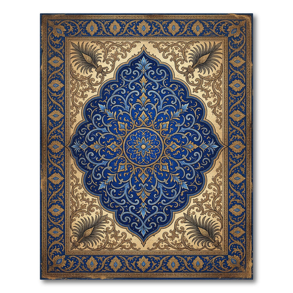 Ornate Indigo Floral Medallion Scroll Rug
