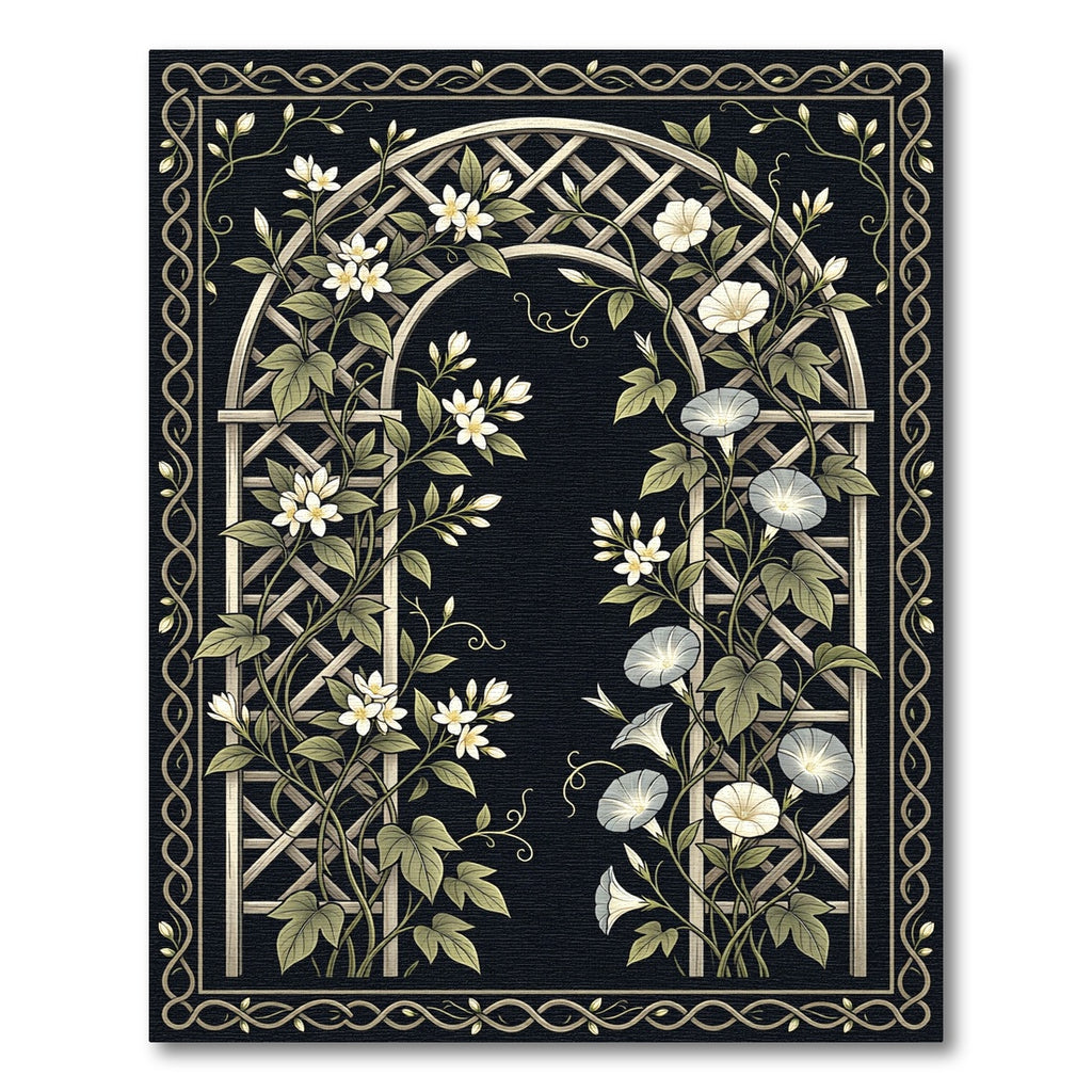 Black Botanical Trellis with Garden Flowers Rug