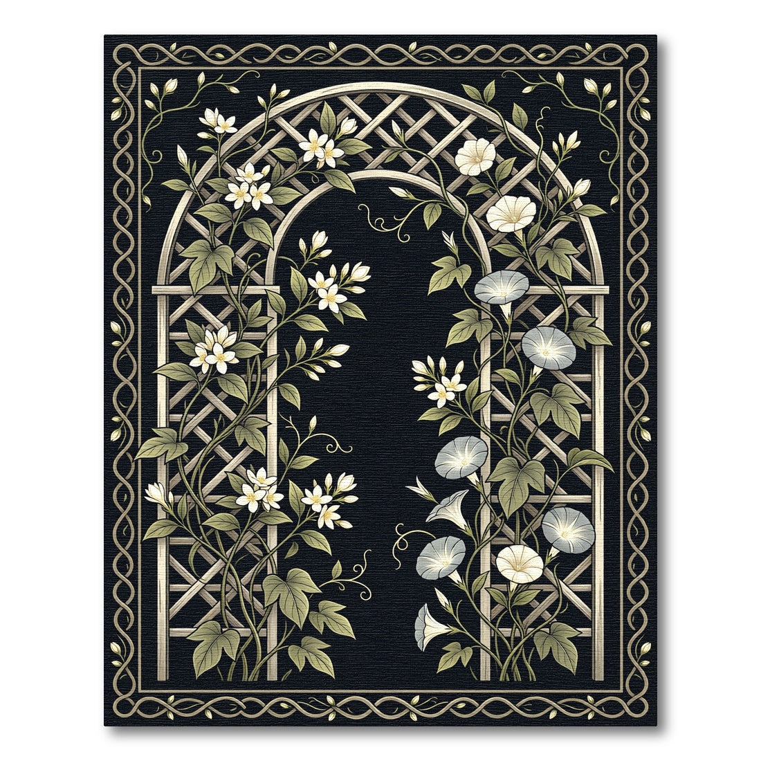 Black Botanical Trellis with Garden Flowers Rug