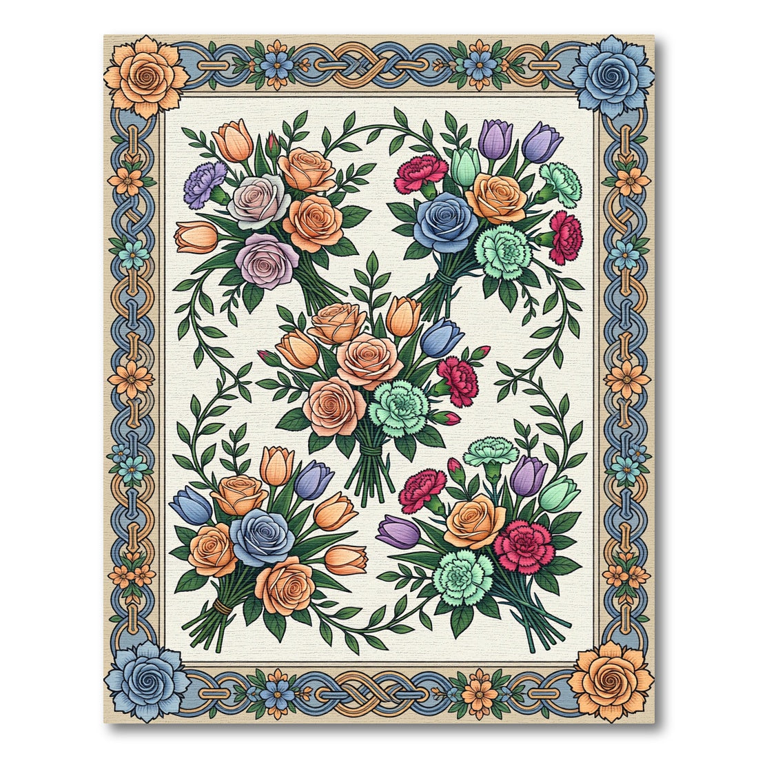 Floral Bouquet Intertwined Border Tapestry Rug