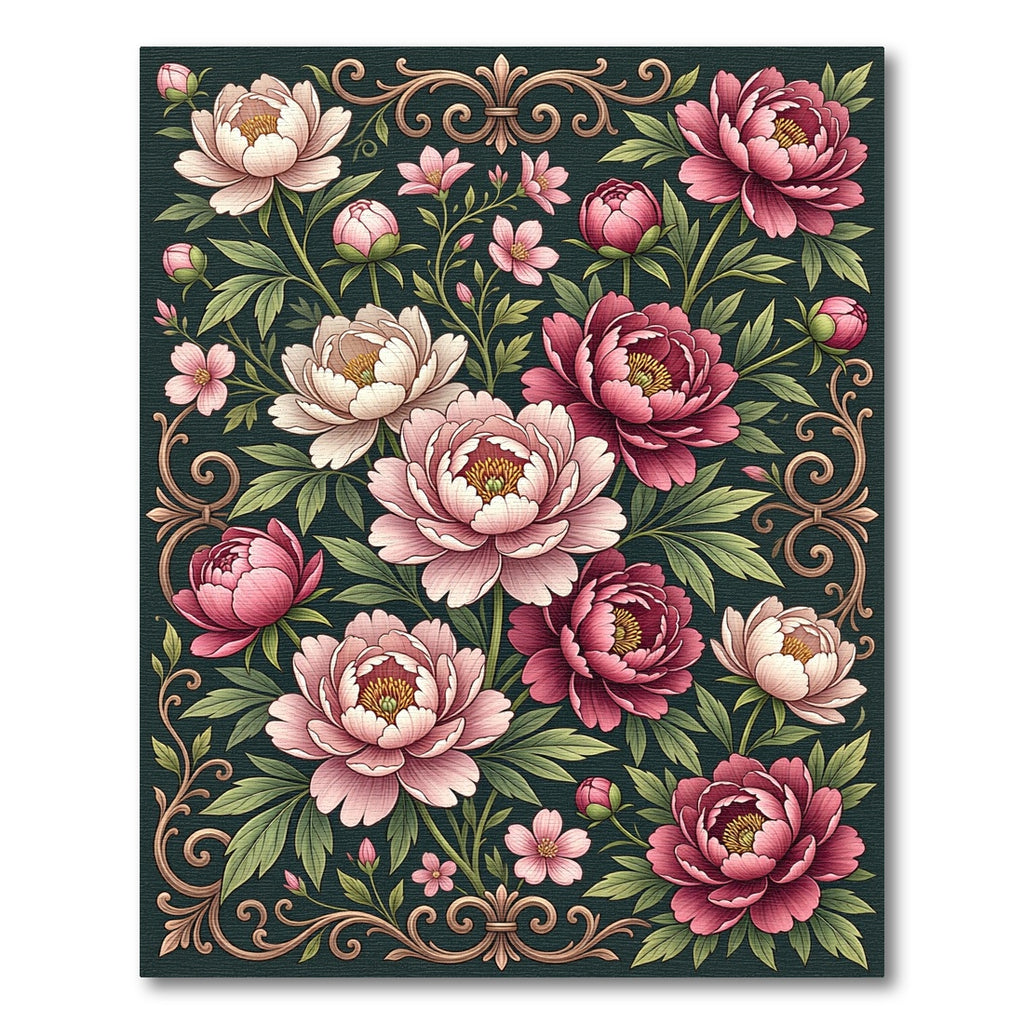 Romantic Blush Peony Botanical Scroll Rug