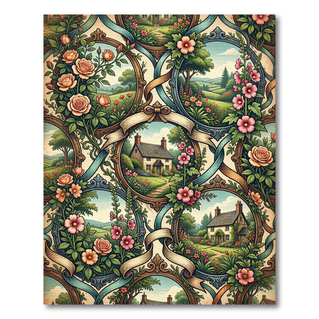 Vintage Cottage Floral Frame Landscape Rug