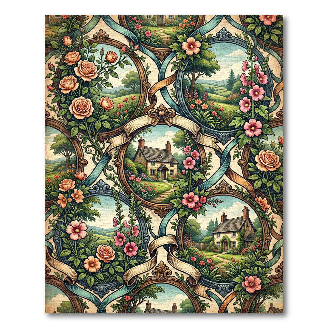 Vintage Cottage Floral Frame Landscape Rug