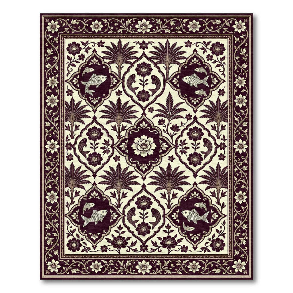 Crimson Floral Fish Garden Mandala Rug