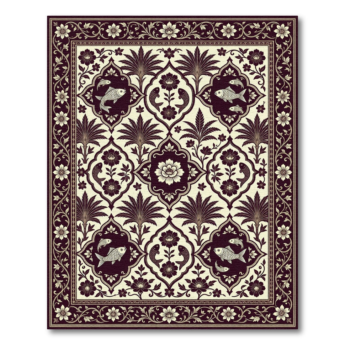 Crimson Floral Fish Garden Mandala Rug