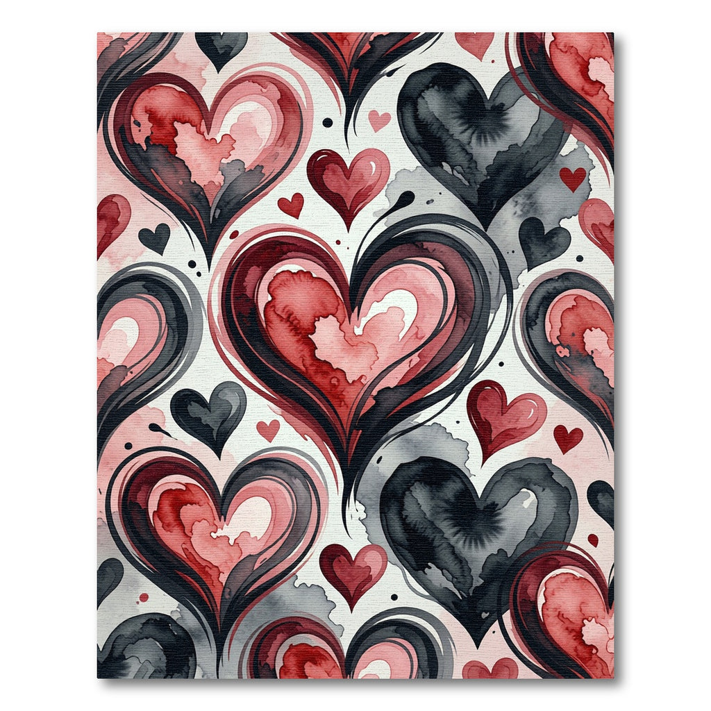 Crimson Gray Watercolor Hearts Swirl Rug