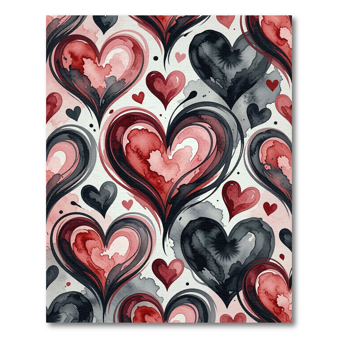 Crimson Gray Watercolor Hearts Swirl Rug
