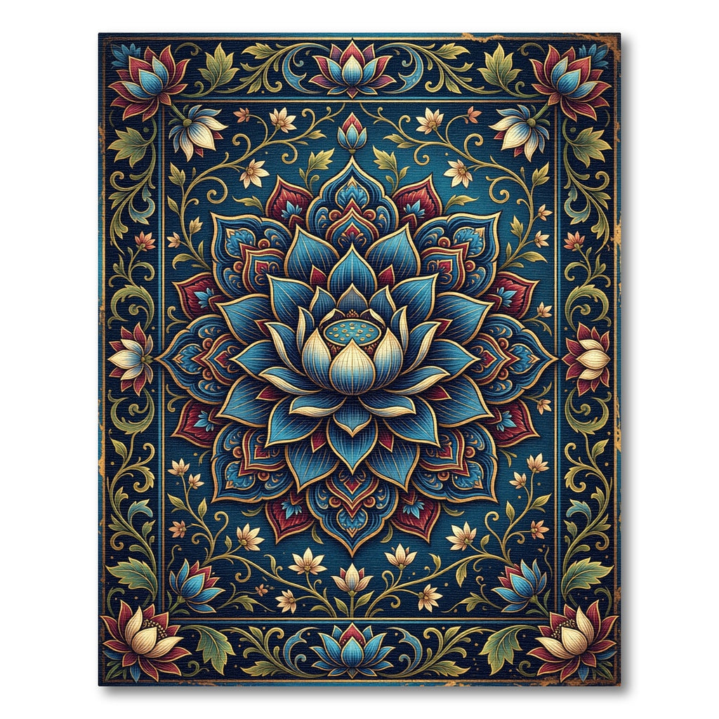 Intricate Indigo Lotus Floret Medallion Rug