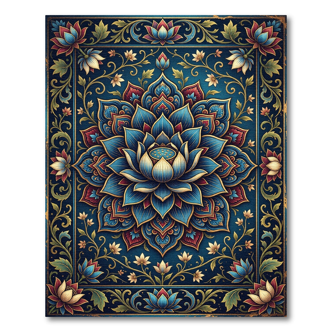 Intricate Indigo Lotus Floret Medallion Rug