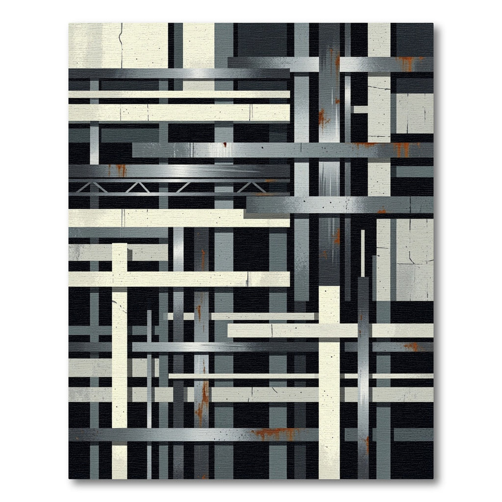 Industrial Gray Monochromatic Grid Artwork Rug