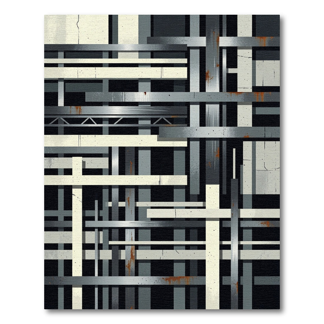 Industrial Gray Monochromatic Grid Artwork Rug