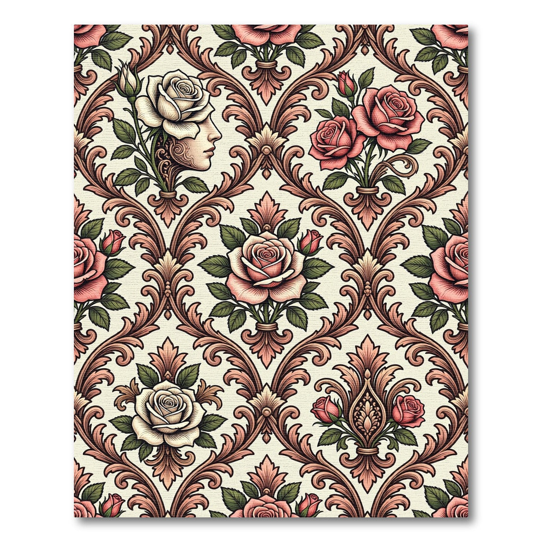 Vintage Rose Floral Damask Rug