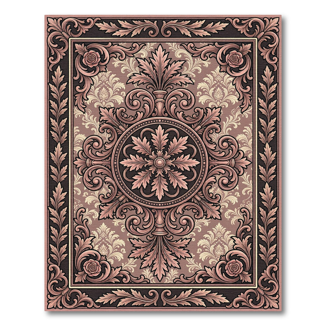 Ornate Mauve Damask Floral Medallion Rug