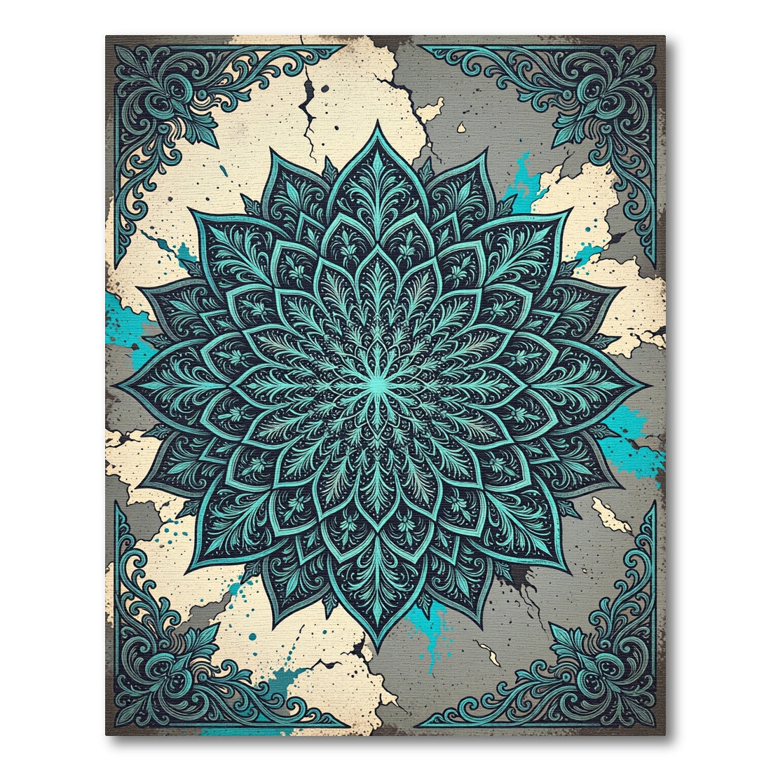Ornate Teal Flourish Medallion Rug
