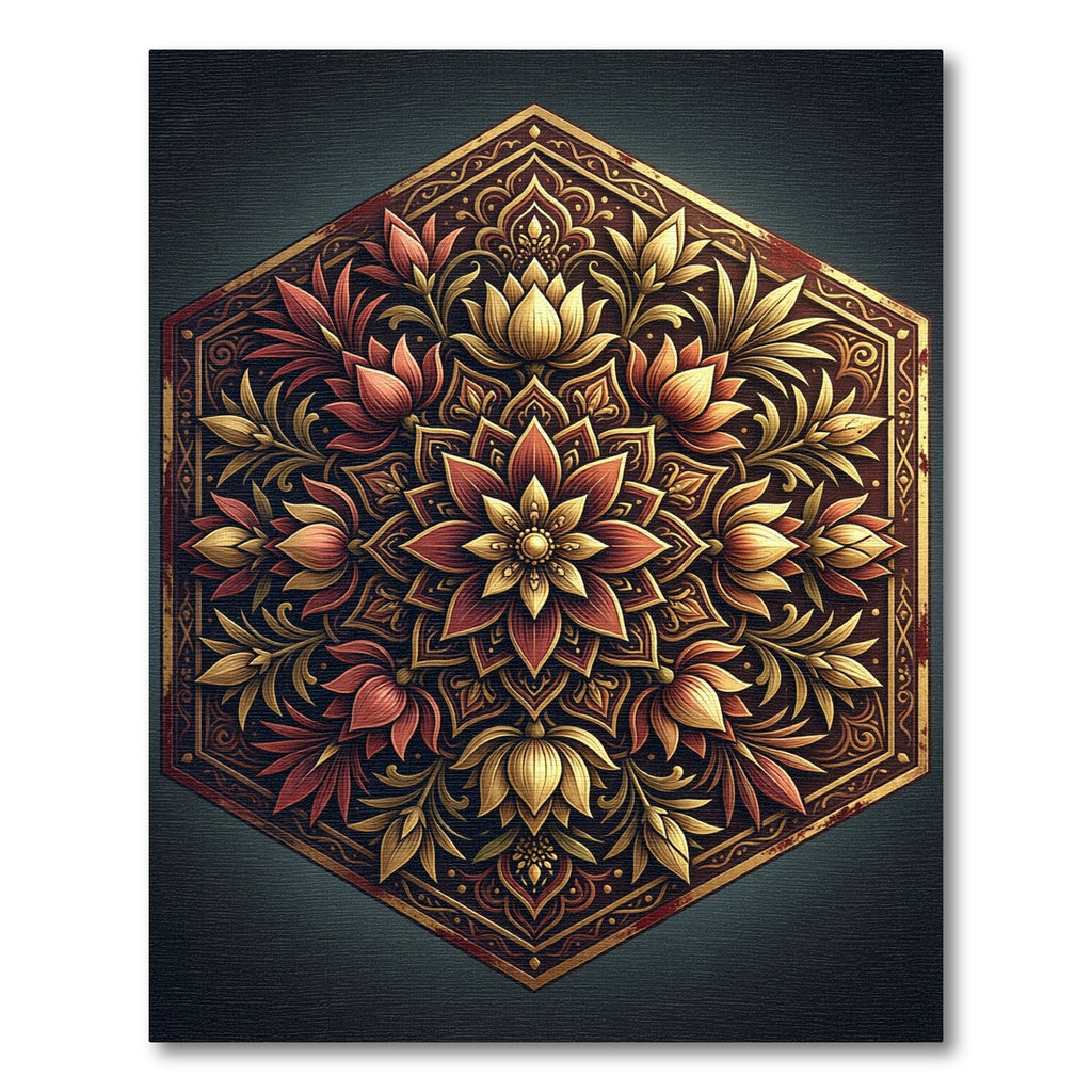 Elegant Gold and Crimson Hexagonal Floral Rug
