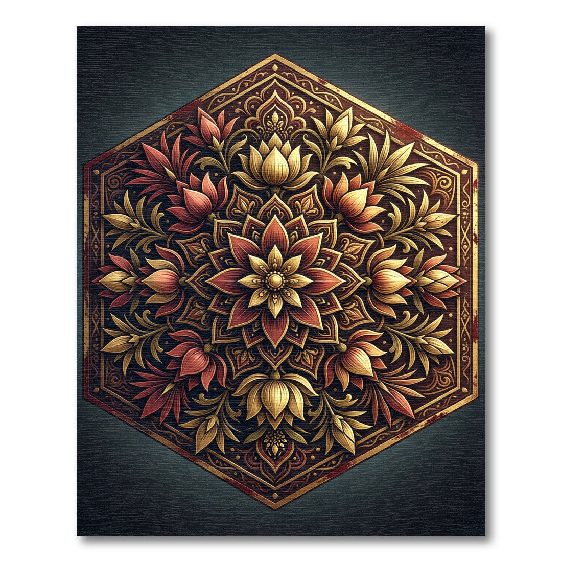 Elegant Gold and Crimson Hexagonal Floral Rug
