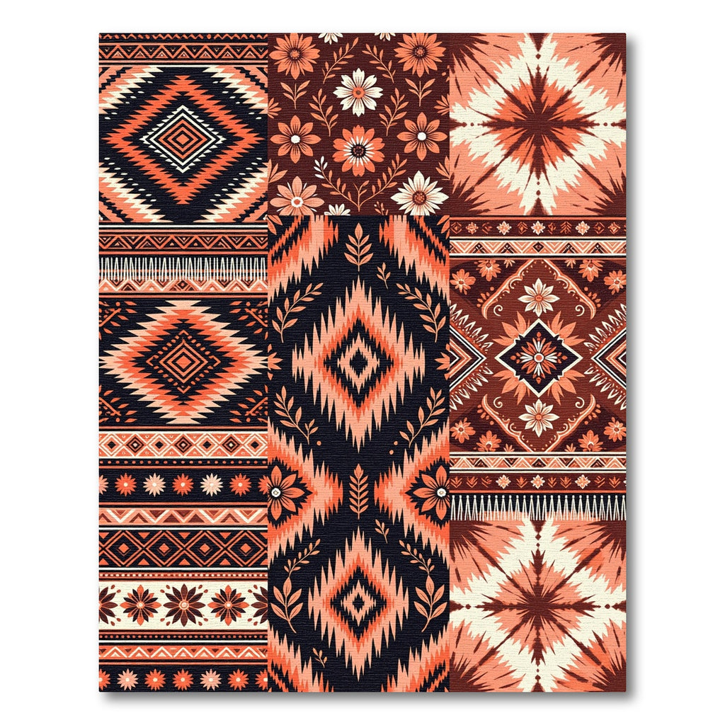 Coral Black Tribal Floral Patchwork Collage Rug