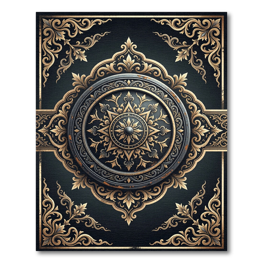 Elegant Gold Filigree Dark Medallion Rug
