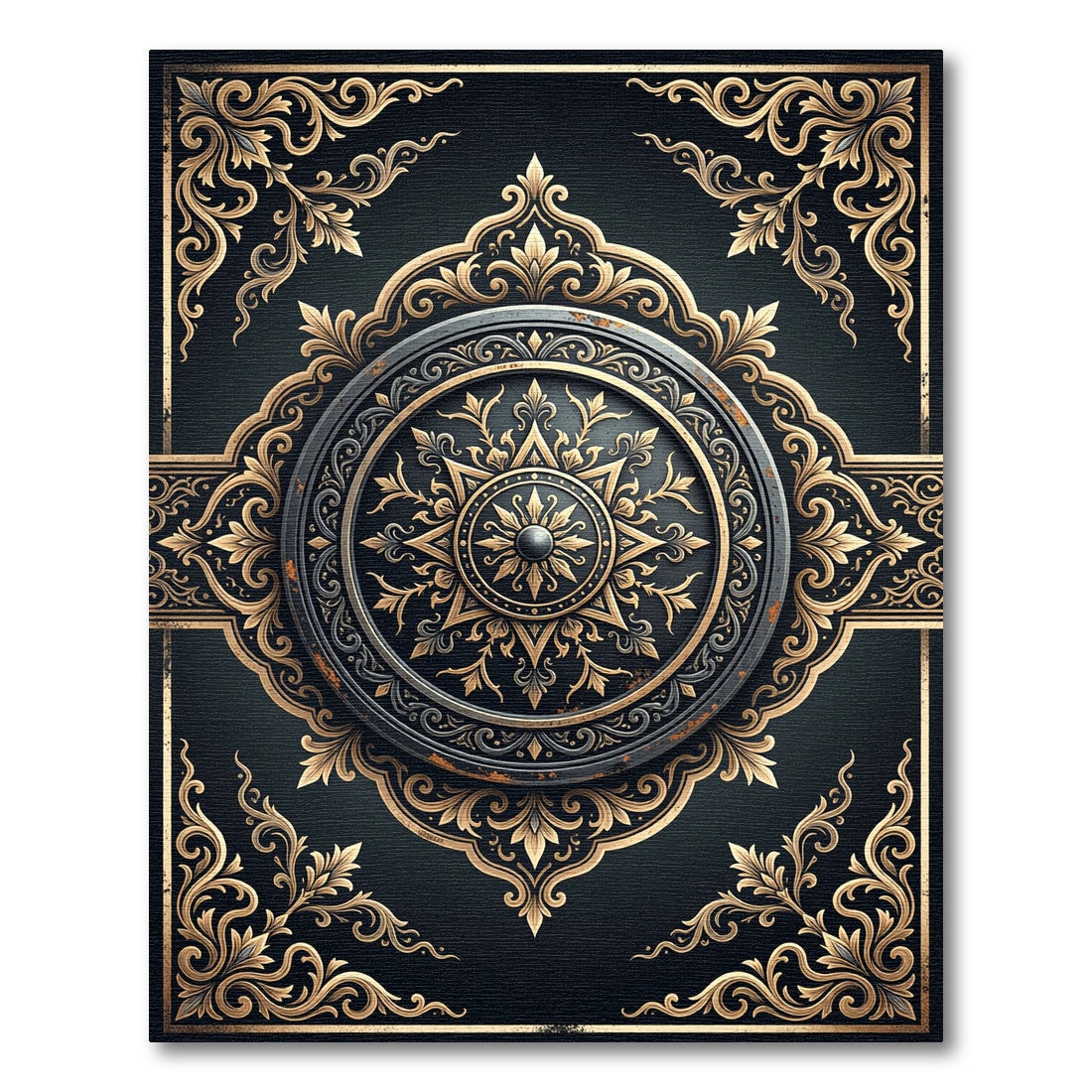 Elegant Gold Filigree Dark Medallion Rug
