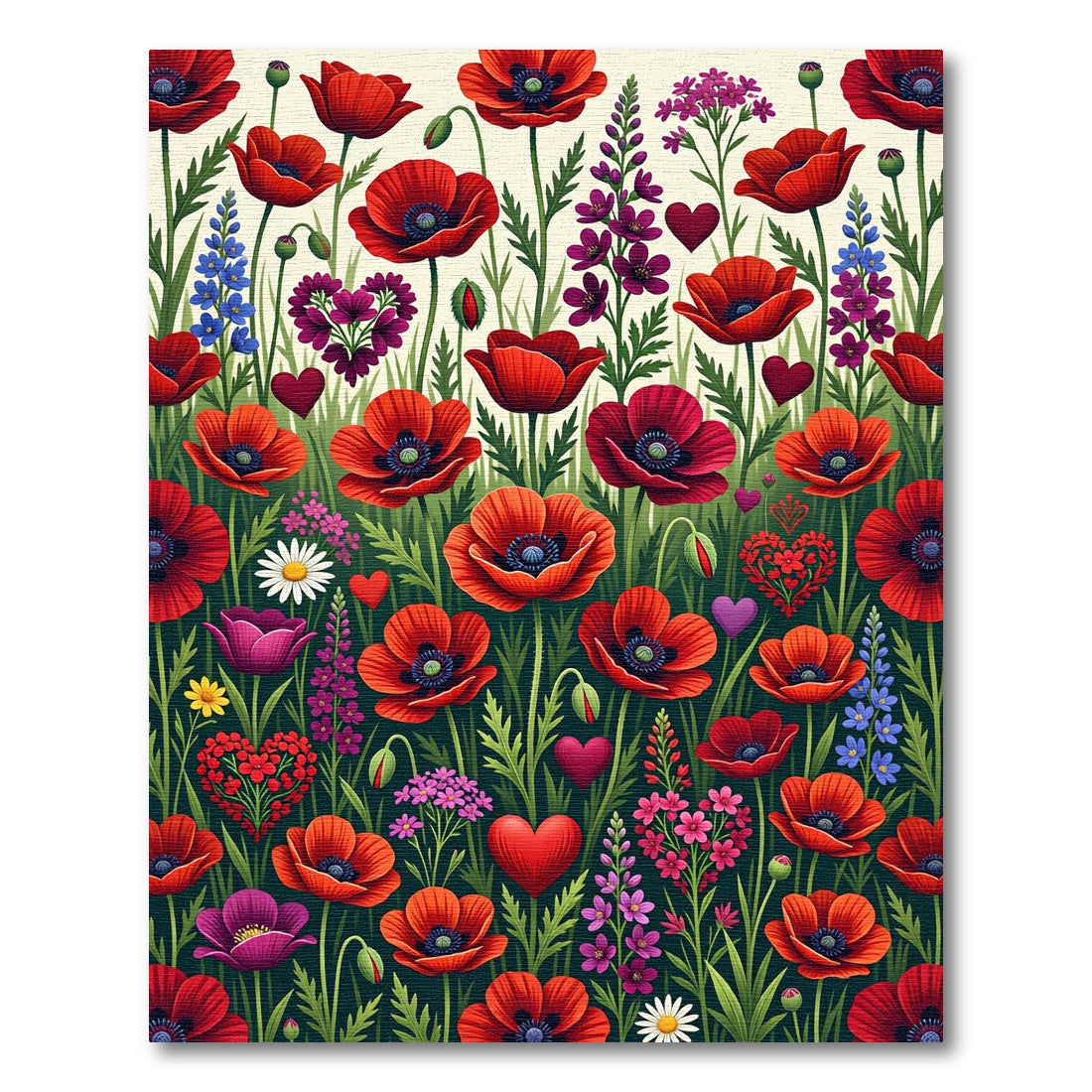 Vibrant Red Poppy Heart Garden Rug