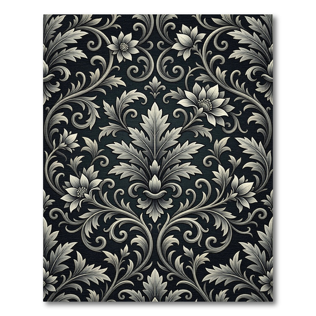 Elaborate Floral Scroll Black Silver Rug