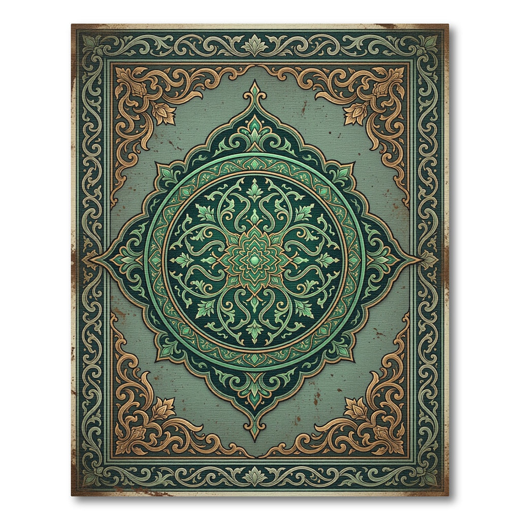 Elegant Sage Emerald Ornate Medallion Rug