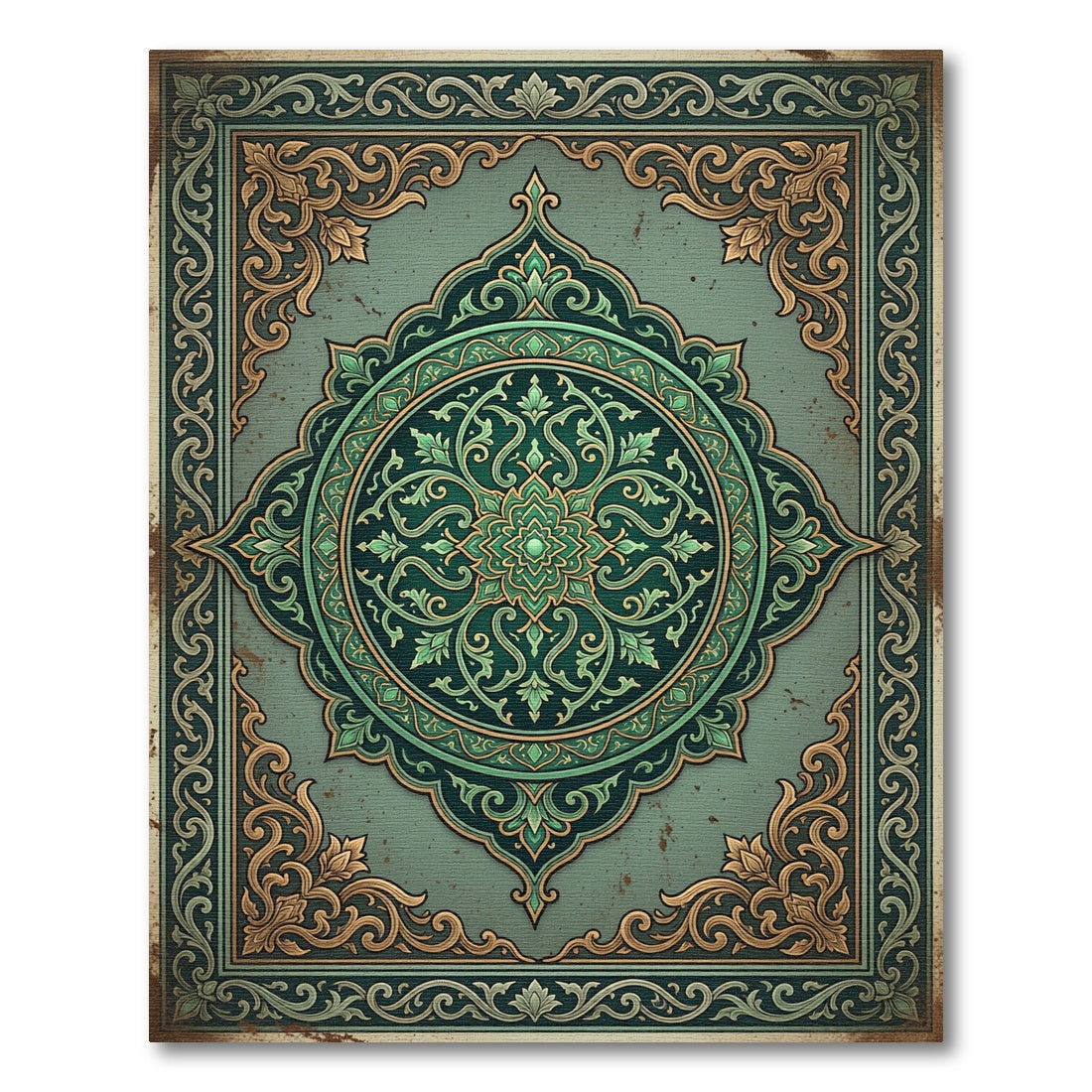 Elegant Sage Emerald Ornate Medallion Rug