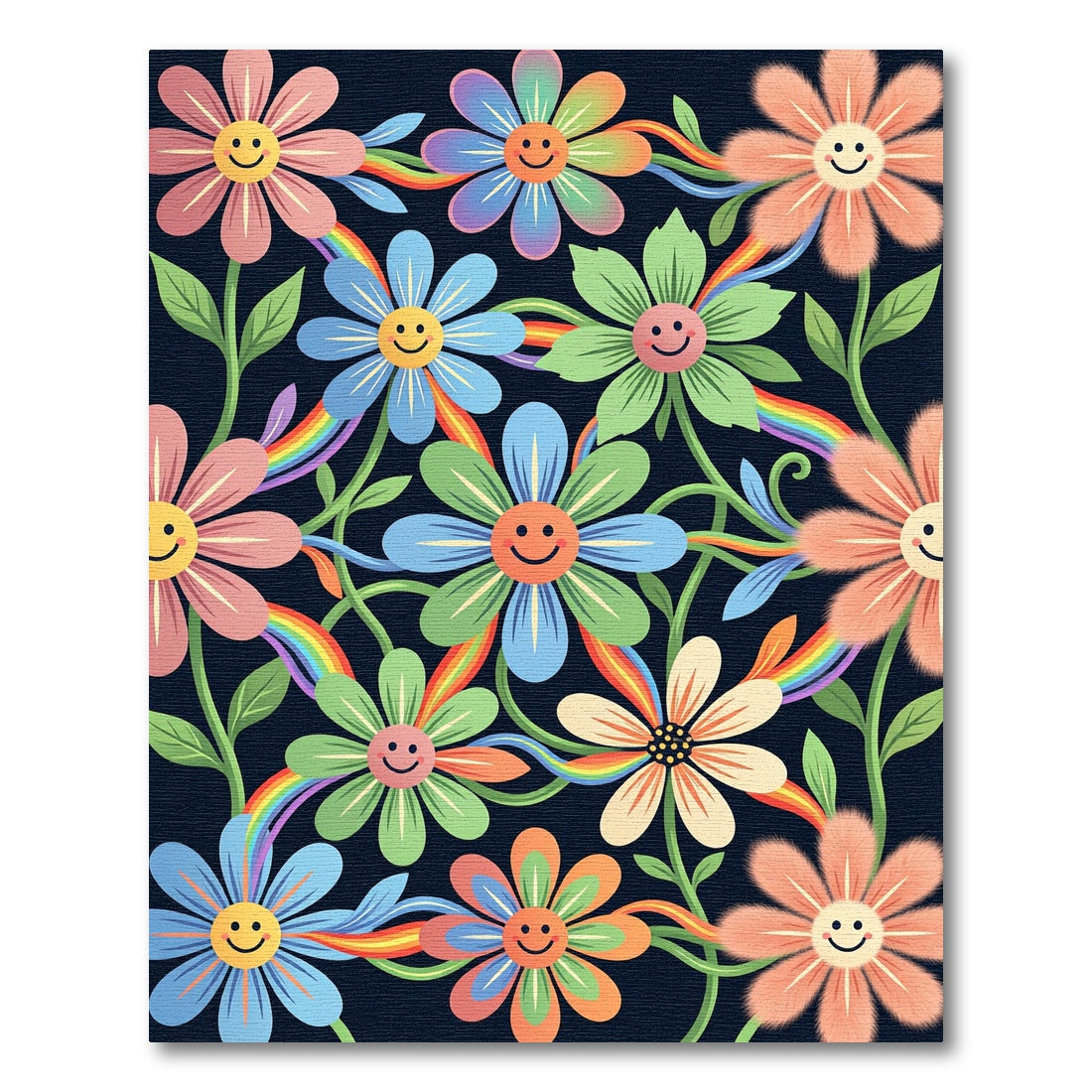Whimsical Rainbow Happy Flower Meadow Rug