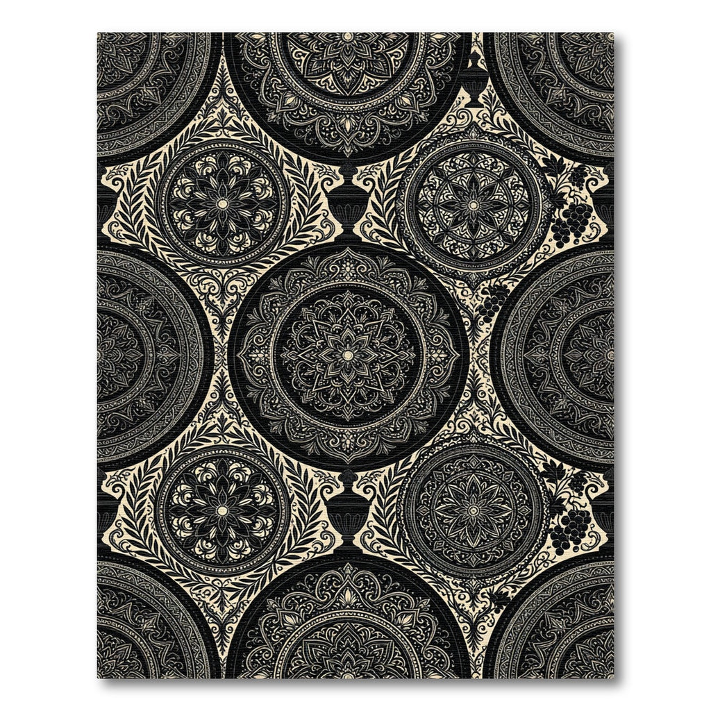 Black Cream Intricate Mandalas Floral Vines Rug