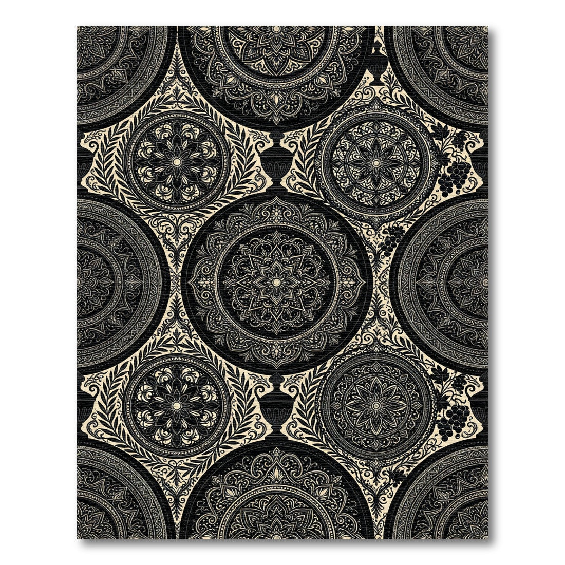 Black Cream Intricate Mandalas Floral Vines Rug