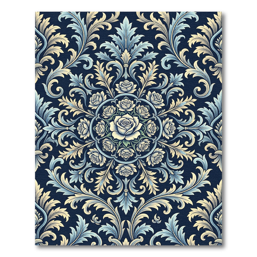 Elegant Navy Blue Rose Damask Medallion Rug