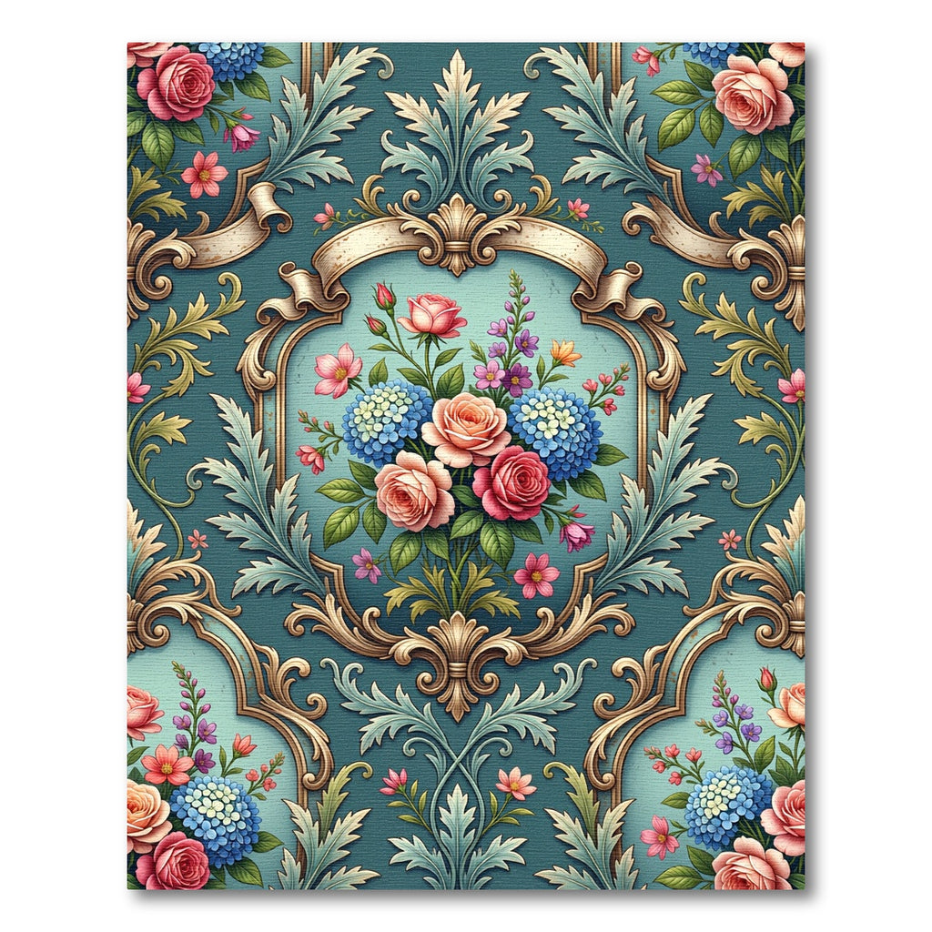 Ornate Baroque Blue Rose Bouquet Rug