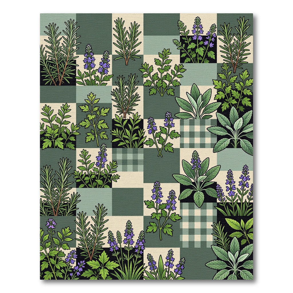 Green Sage Rosemary Flower Tile Rug
