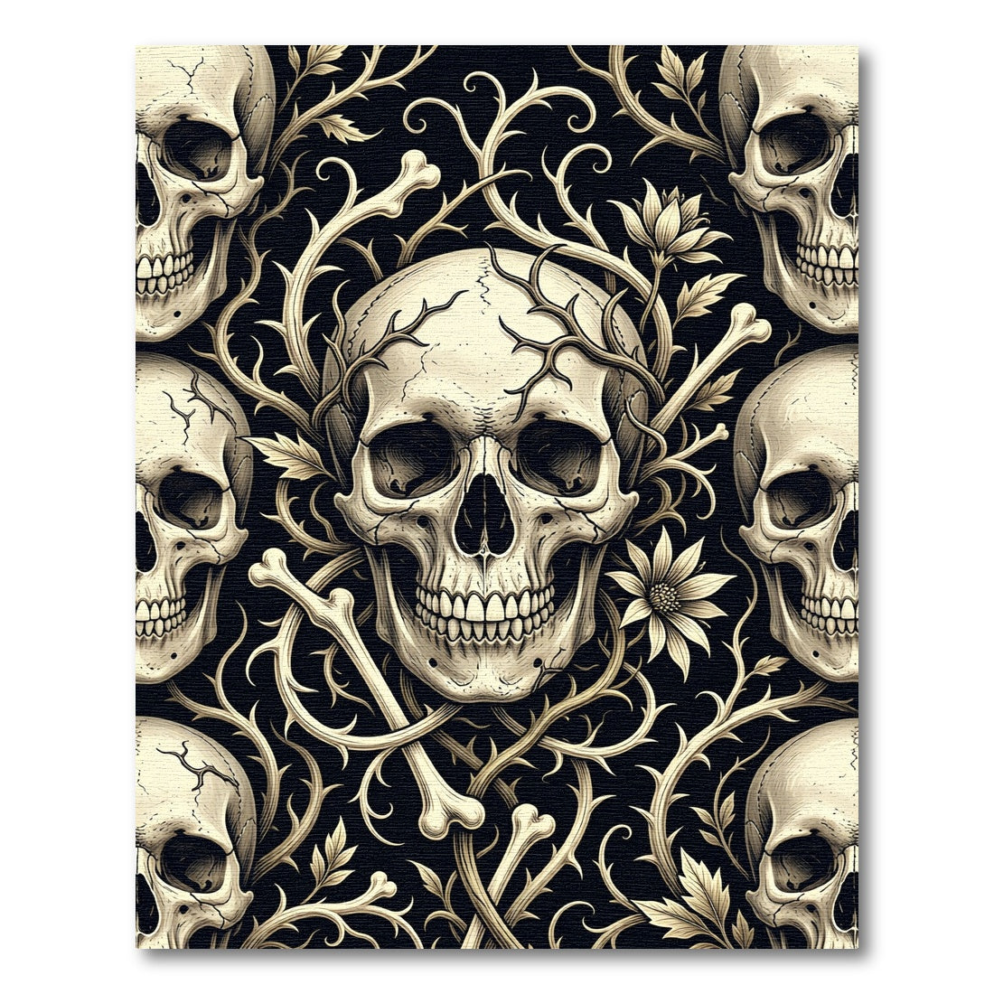 Gothic Skull and Thorn Floral Cream Rug
