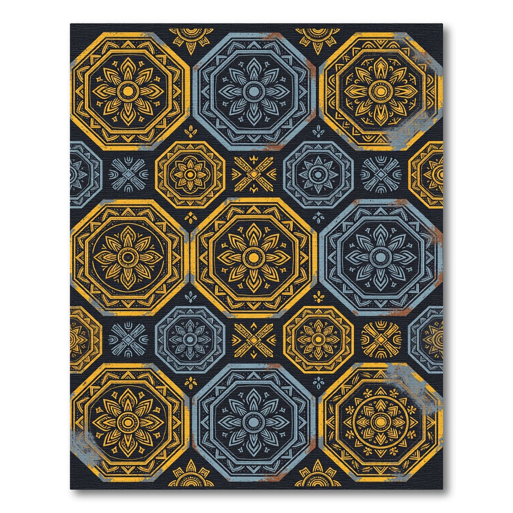 Rustic Ochre Blue Mandala Medallion Rug