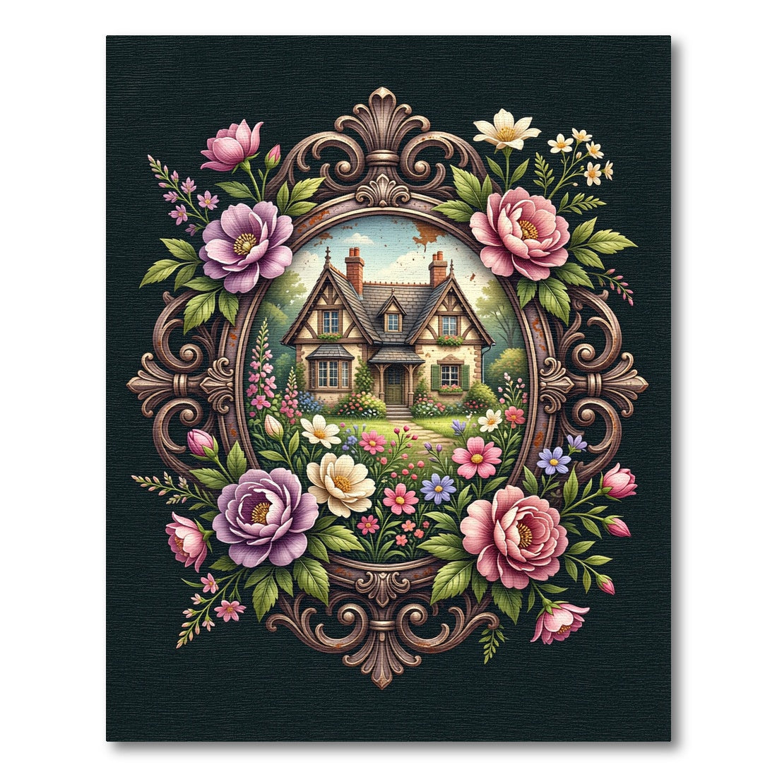 Ornate Floral Cottage Garden Framed Art Rug