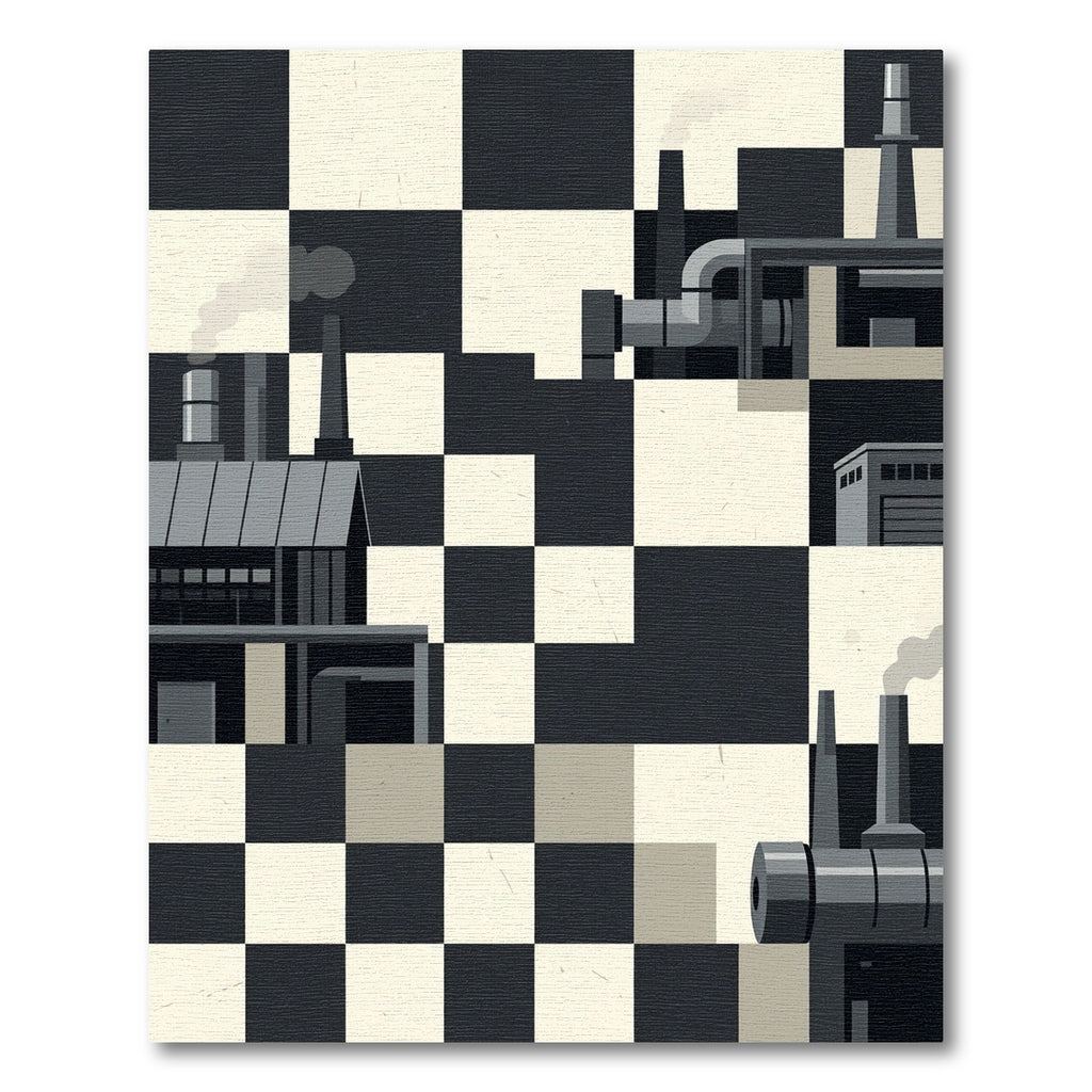 Monochrome Industrial Chessboard Composition Rug