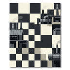 Monochrome Industrial Chessboard Composition Rug
