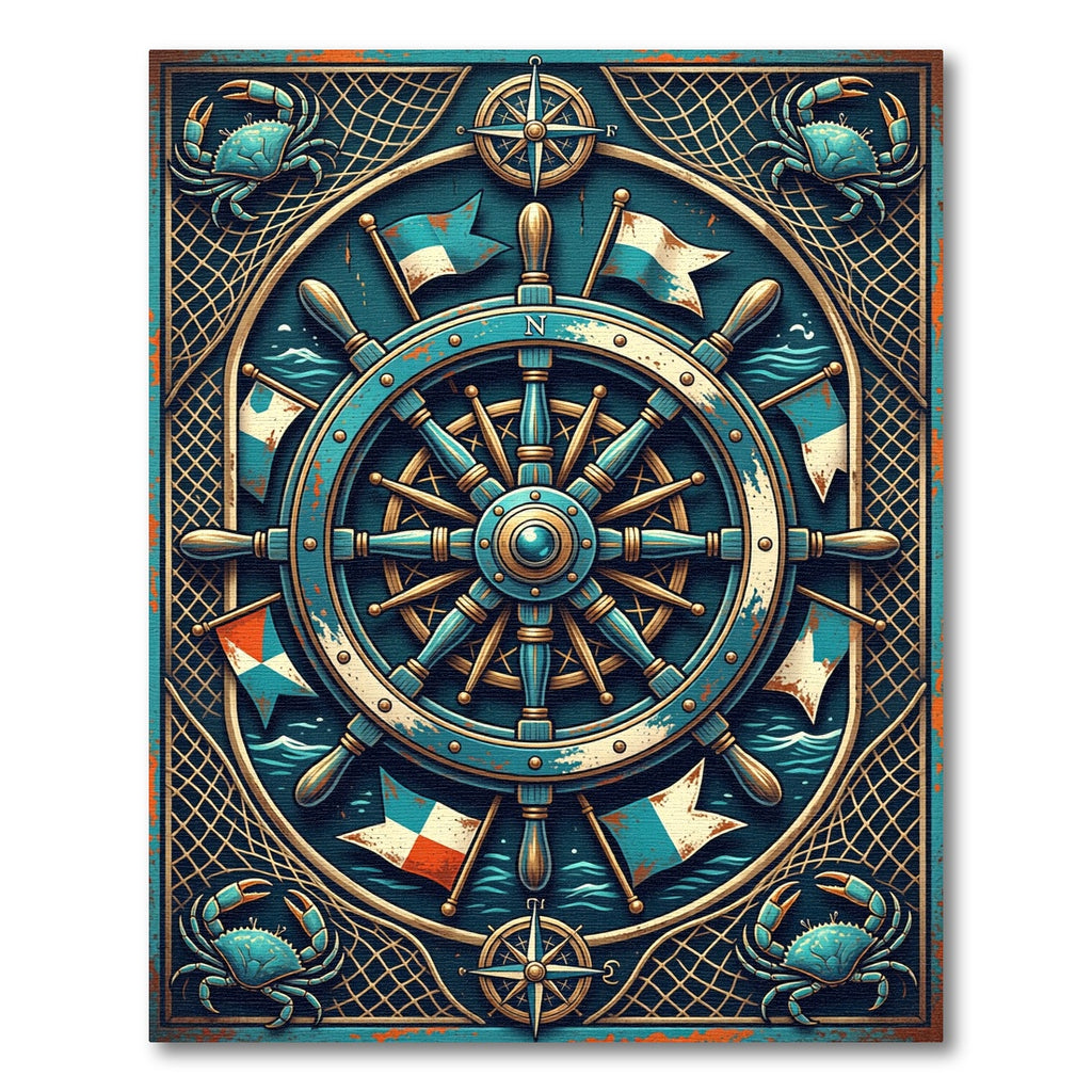 Nautical Deep Blue Crab Compass Wheel Rug